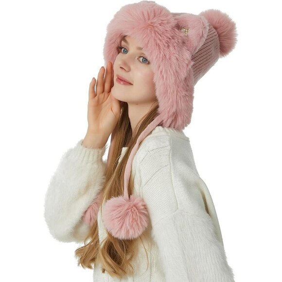 Women Pink Solid Winter Peruvian Cover Ears Beanie Hat Ear Flaps Sherpa Ski Snow